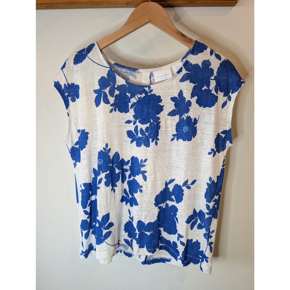 Cynthia Rowley 100% Linen Floral Print Back Button Top Blue White Medium